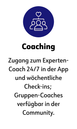 Coaching  Zugang zum Experten-Coach 24/7 in der App und wöchentliche Check-ins; Gruppen-Coaches verfügbar in der Community.