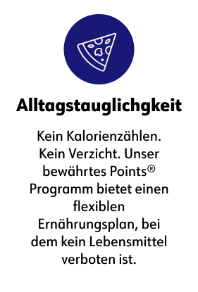 Alltagstauglichgkeit  Kein Kalorienzählen. Kein Verzicht. Unser bewährtes Points Programm bietet einen flexiblen Ernährungsplan, bei dem kein Lebensmittel verboten ist.