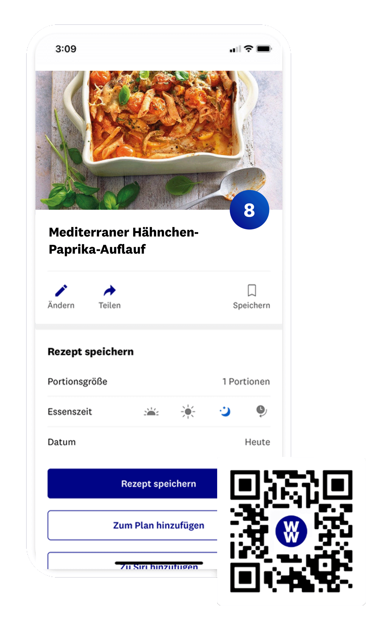 Screenshot of a recipe for Chicken, Peach &amp; Fig Salad with Ricotta Salata in the WW app