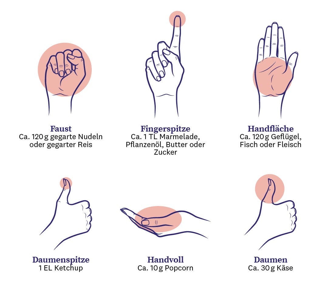 Sechs Hände, die zeigen, wie man mit verschiedenen Bereichen der Hand Portionsgrößen bestimmen kann.