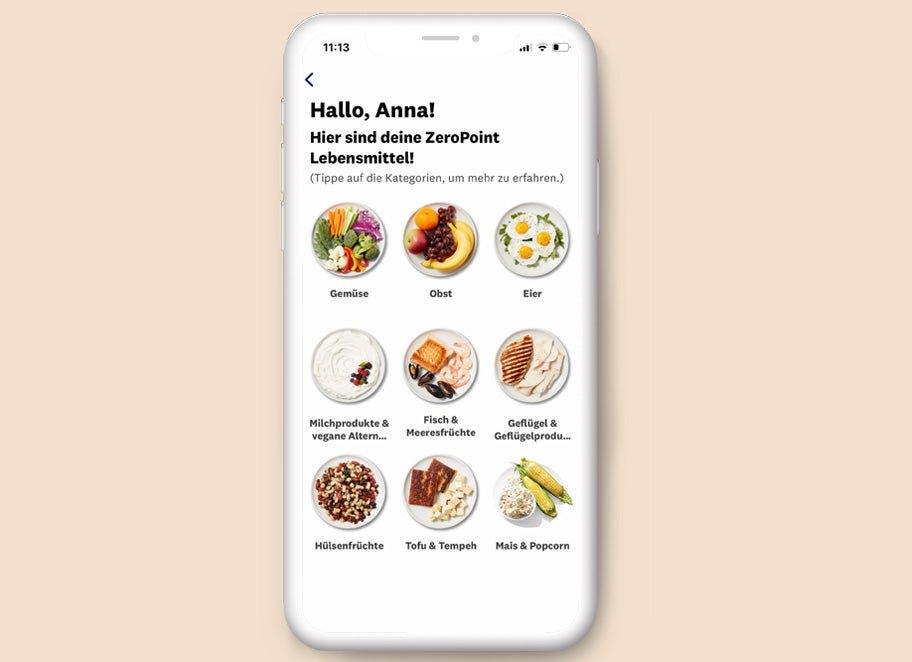 Vorschau der ZeroPoint Lebensmittel in der App