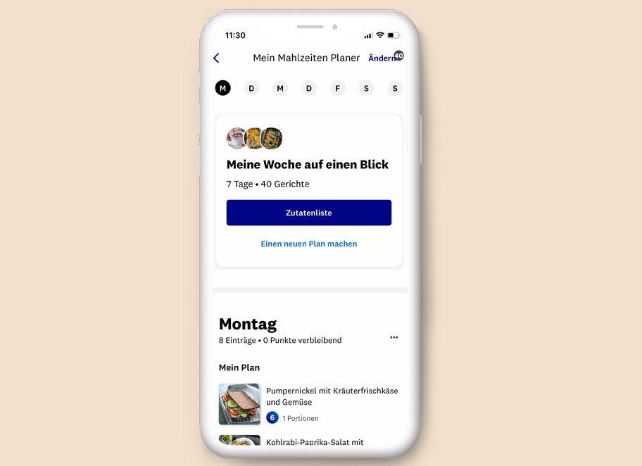 Ansicht des Mahlzeitenplaners in der App