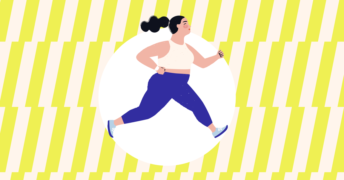 Woman running in circle on striped background