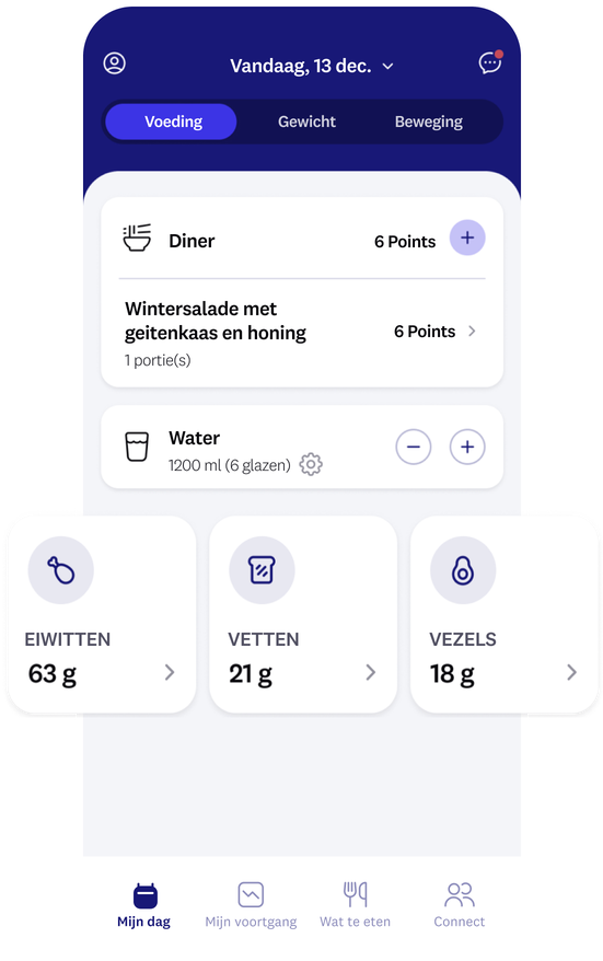 app-scherm dat eiwitten, koolhydraten en vetten benadrukt
