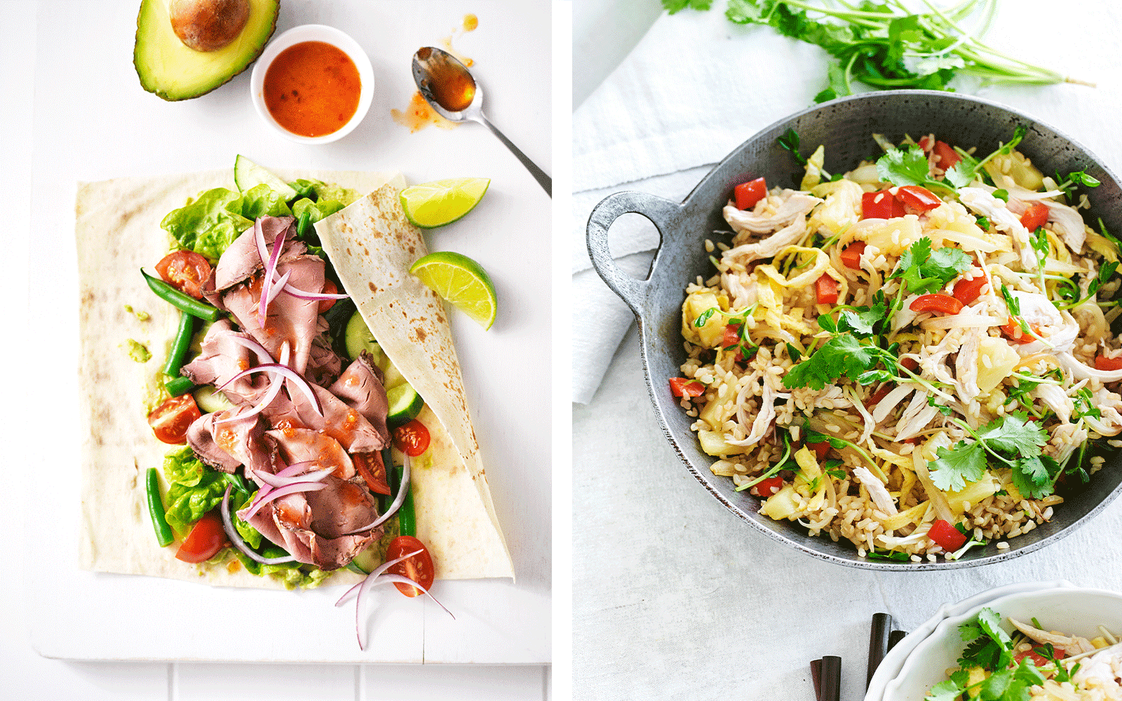 Thai beef salad wrap and chicken and pineapple fried rice