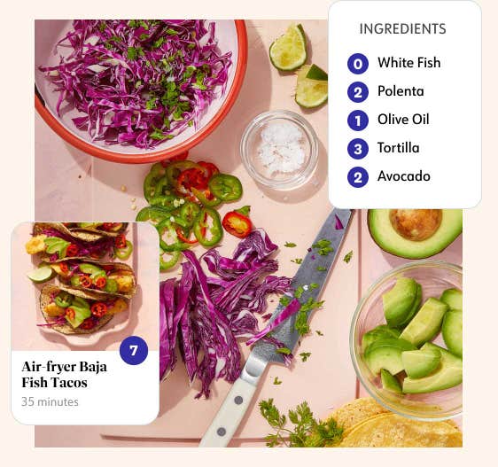 Air-fried baja tacos are 7 Points. The list of ingredients includes avocado at 2 Points and cod fish at 0 Points.