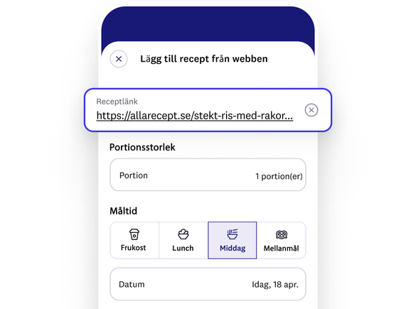 appskärm som visar importerat recept från webben