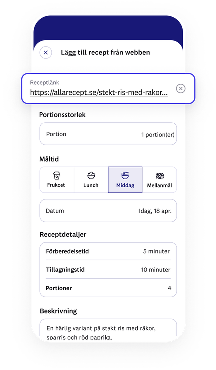 appskärm som visar importerat recept från webben