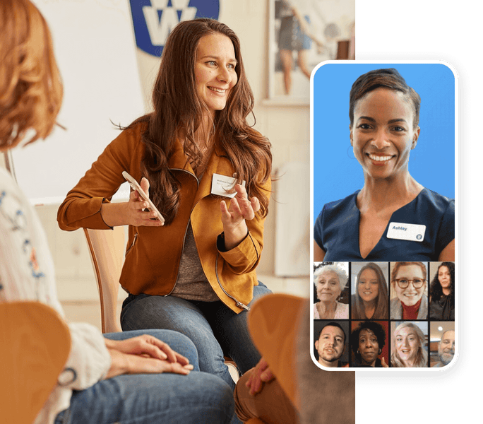 Two WW coaches are shown interacting with members, one in person and one virtually.