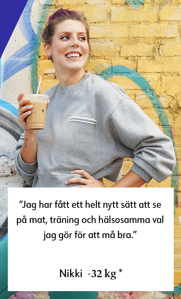 Jag har fätt ett helt nytt sätt att se pa mat, träning och hälsosamma val jag gör för att mà bra. Nikki -32 kg*