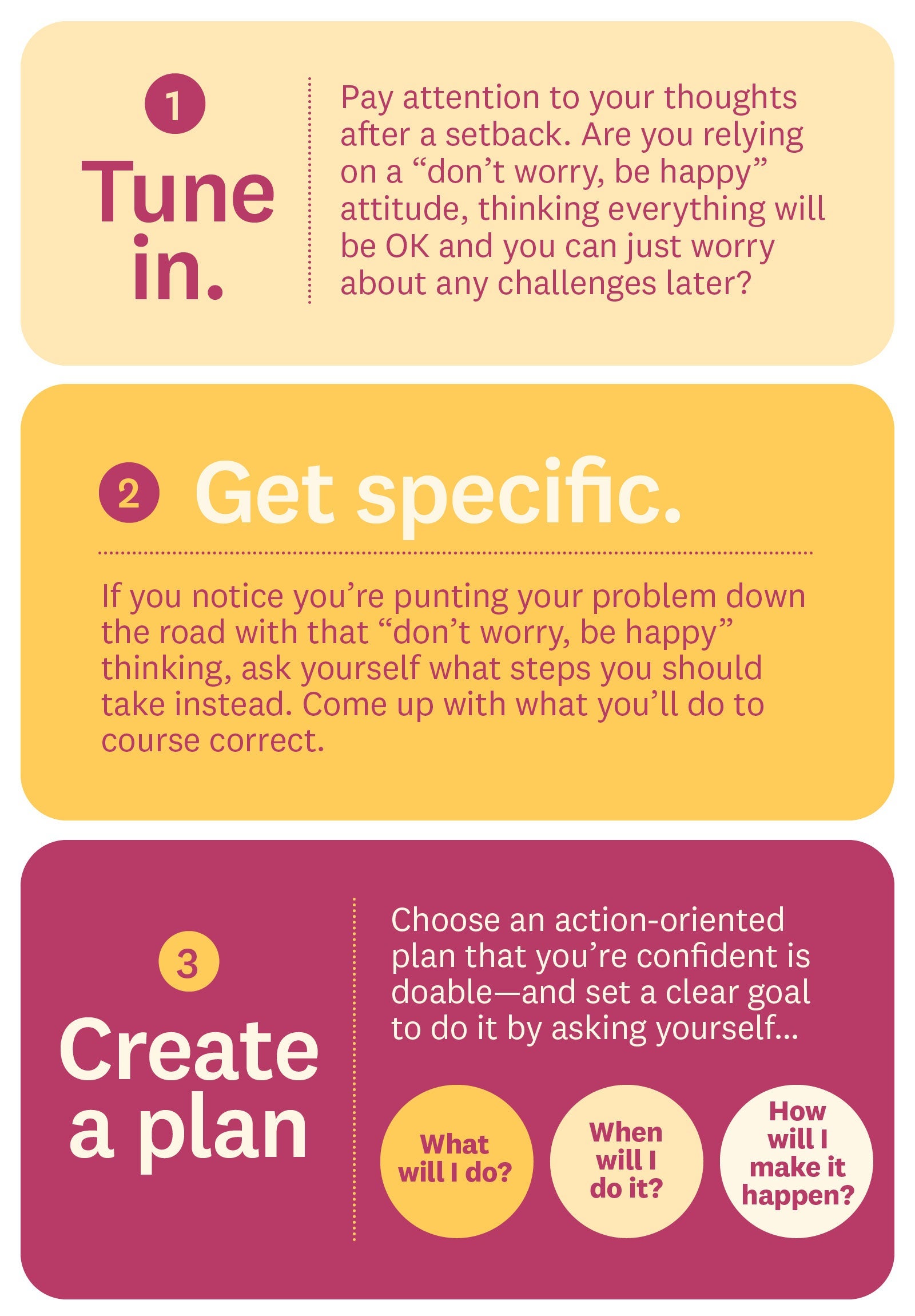 1. Tune In. Pay attention to your thoughts after a setback. Are you relying on a “don’t worry, be happy” attitude, thinking everything will be OK and you can just worry about any challenges later? 2. Get Specific. If you notice you’re punting your problem down the road with that “don’t worry, be happy” thinking, ask yourself what steps you should take instead. Come up with what you’ll do to course correct. 3. Create a Plan. Choose an action-oriented plan that you’re confident is doable—and set a clear goal to do it by asking yourself… What will I do? When will I do it? How will I make it happen? 1. Tune In. Pay attention to your thoughts after a setback. Are you relying on a “don’t worry, be happy” attitude, thinking everything will be OK and you can just worry about any challenges later? 2. Get Specific. If you notice you’re punting your problem down the road with that “don’t worry, be happy” thinking, ask yourself what steps you should take instead. Come up with what you’ll do to course correct. 3. Create a Plan. Choose an action-oriented plan that you’re confident is doable—and set a clear goal to do it by asking yourself… What will I do? When will I do it? How will I make it happen?