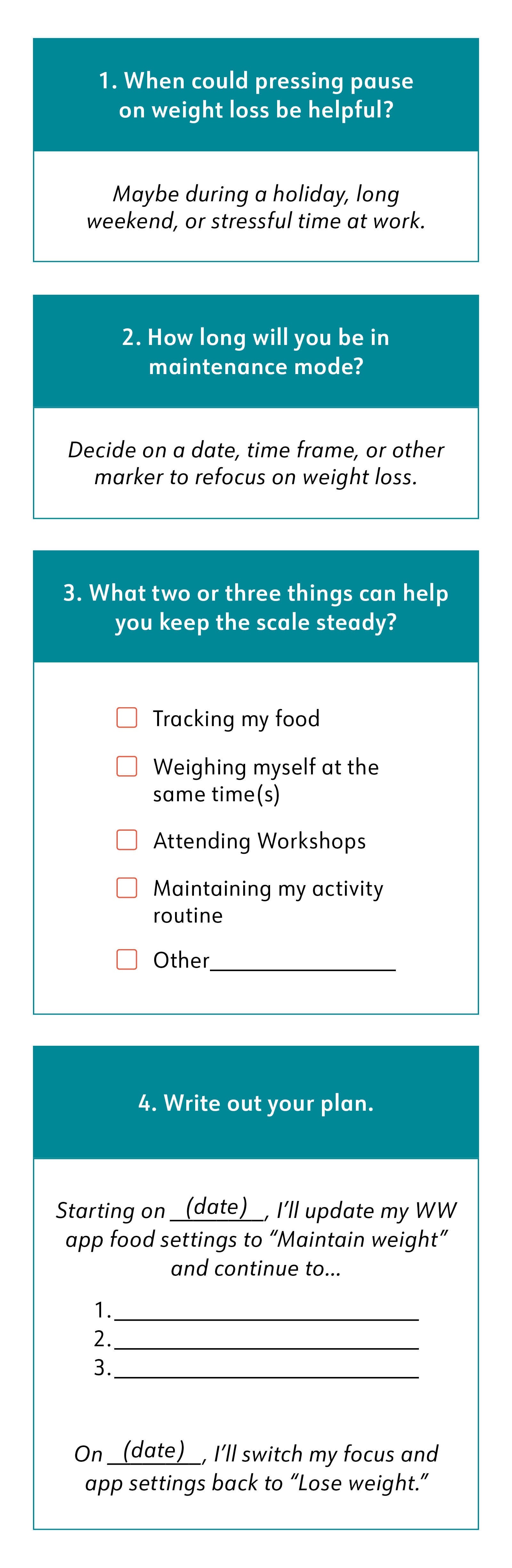 Ask yourself these questions: 1. When could pressing pause on weight loss be helpful? Maybe during a vacation, holiday weekend, or stressful time at work. 2. How long will you be in maintenance mode? Decide on a date, time frame, or other marker to refocus on weight loss. 3. What two or three things can help you keep the scale steady? For example: Tracking my food, Weighing myself at the same time(s), Attending Workshops, Maintaining my activity routine. Next, Write out your plan. For example: Starting on (what date?), I’ll update my WW app food settings to “Maintain weight” and continue to do X, Y, Z. On (what date?) I’ll switch my focus and app settings back to “Lose weight.” Ask yourself these questions: 1. When could pressing pause on weight loss be helpful? Maybe during a vacation, holiday weekend, or stressful time at work. 2. How long will you be in maintenance mode? Decide on a date, time frame, or other marker to refocus on weight loss. 3. What two or three things can help you keep the scale steady? For example: Tracking my food, Weighing myself at the same time(s), Attending Workshops, Maintaining my activity routine. Next, Write out your plan. For example: Starting on (what date?), I’ll update my WW app food settings to “Maintain weight” and continue to do X, Y, Z. On (what date?) I’ll switch my focus and app settings back to “Lose weight.”