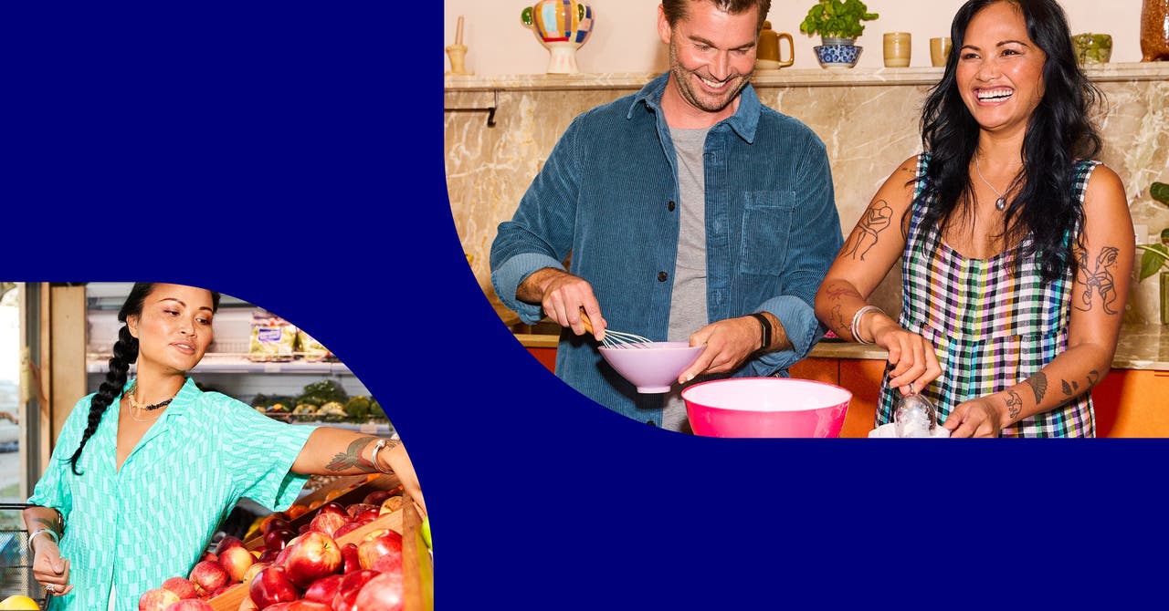Two individuals cooking in a kitchen, chopping ingredients and working together to prepare a meal.