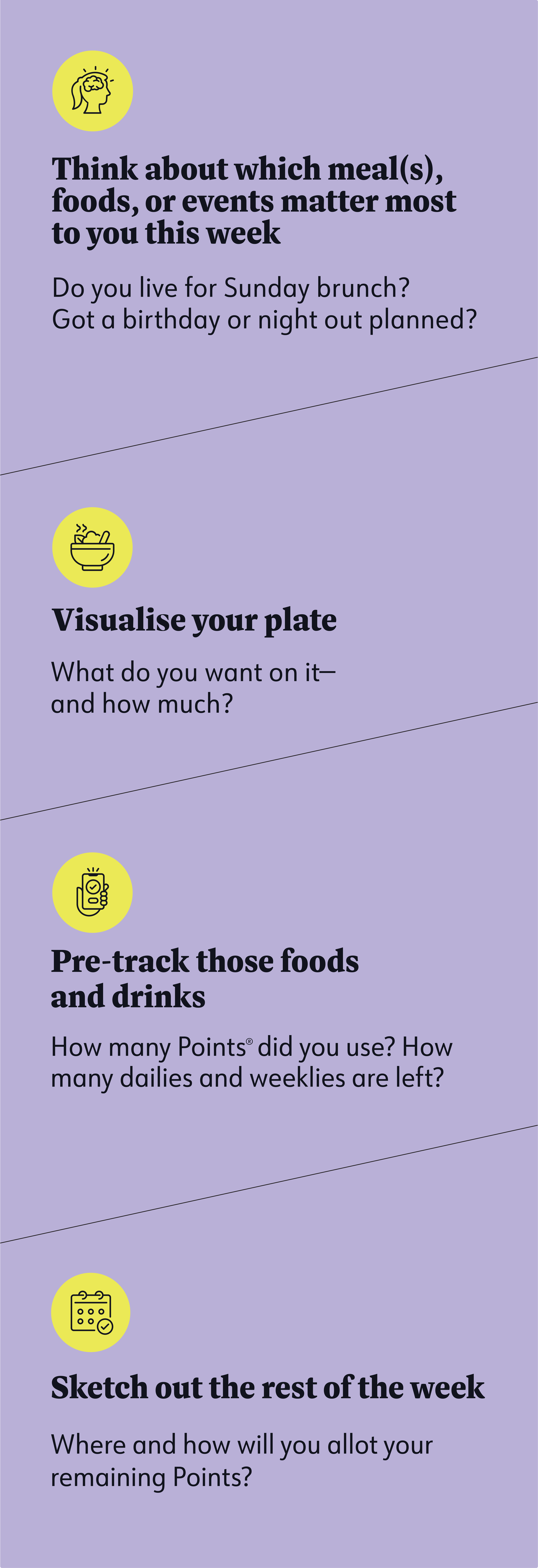 Think about which meal(s), foods, or events matter most to you this week Visualise your plate Pre-track those foods and drinks Sketch out the rest of the week Do you live for Sunday brunch? Got a birthday or night out planned? What do you want on it— and how much? How many Points® d id you use? How many dailies and weeklies are left? Where and how will you allot your remaining Points?