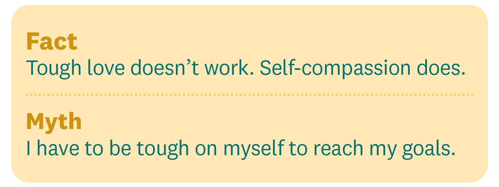 Fact: Tough love doesn’t work. Self-compassion does. Myth: I have to be tough on myself to reach my goals. Fact: Tough love doesn’t work. Self-compassion does. Myth: I have to be tough on myself to reach my goals.