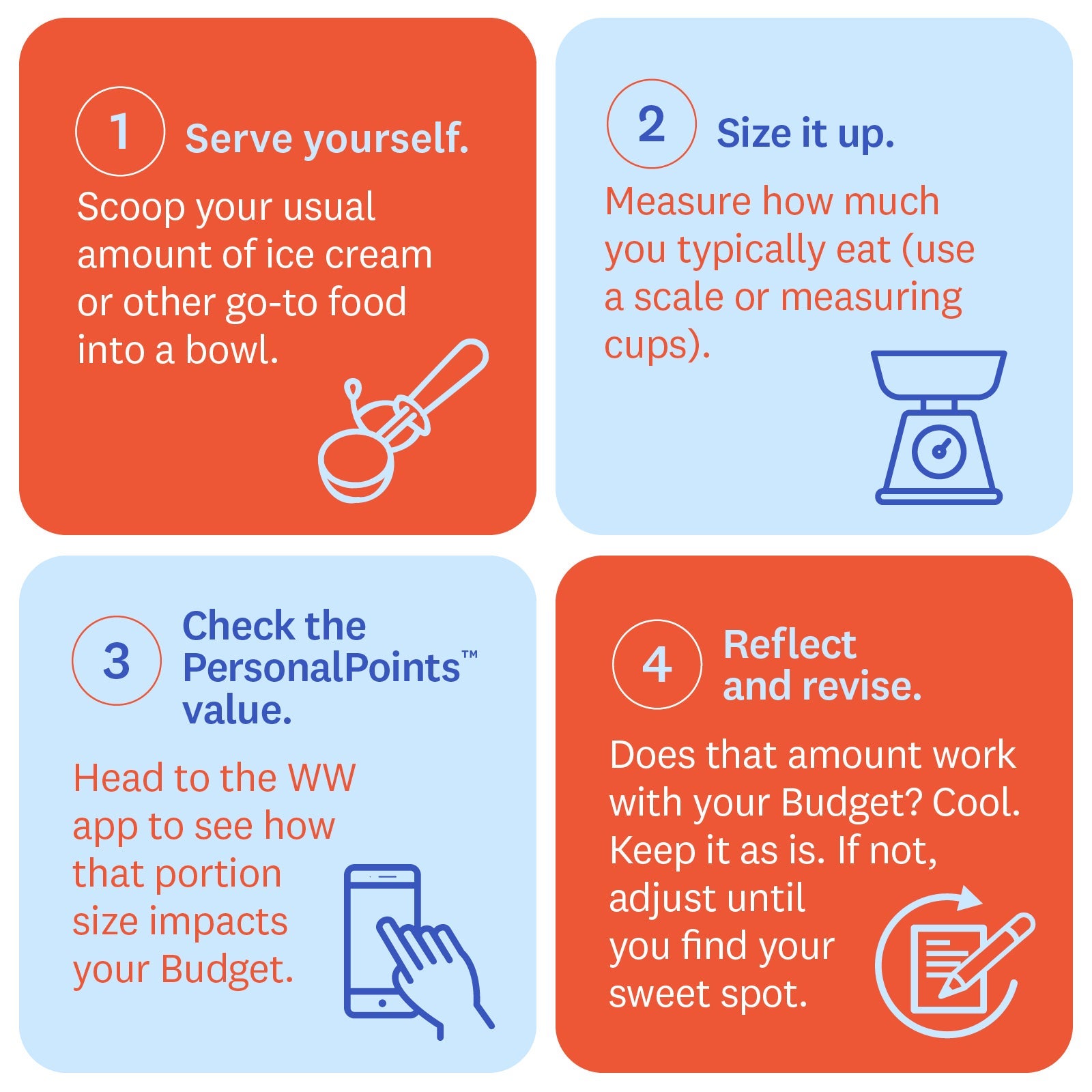Serve yourself. Scoop your usual amount of ice cream or other go-to food into a bowl. Size it up. Measure how much you typically eat (use a scale or measuring cups). Check the PersonalPoints™ value. Head to the WW app to see how that portion size impacts your Budget. Reflect and revise. Does that amount work with your Budget? Cool. Keep it as is. If not, adjust until you find your sweet spot. Serve yourself. Scoop your usual amount of ice cream or other go-to food into a bowl. Size it up. Measure how much you typically eat (use a scale or measuring cups). Check the PersonalPoints™ value. Head to the WW app to see how that portion size impacts your Budget. Reflect and revise. Does that amount work with your Budget? Cool. Keep it as is. If not, adjust until you find your sweet spot.