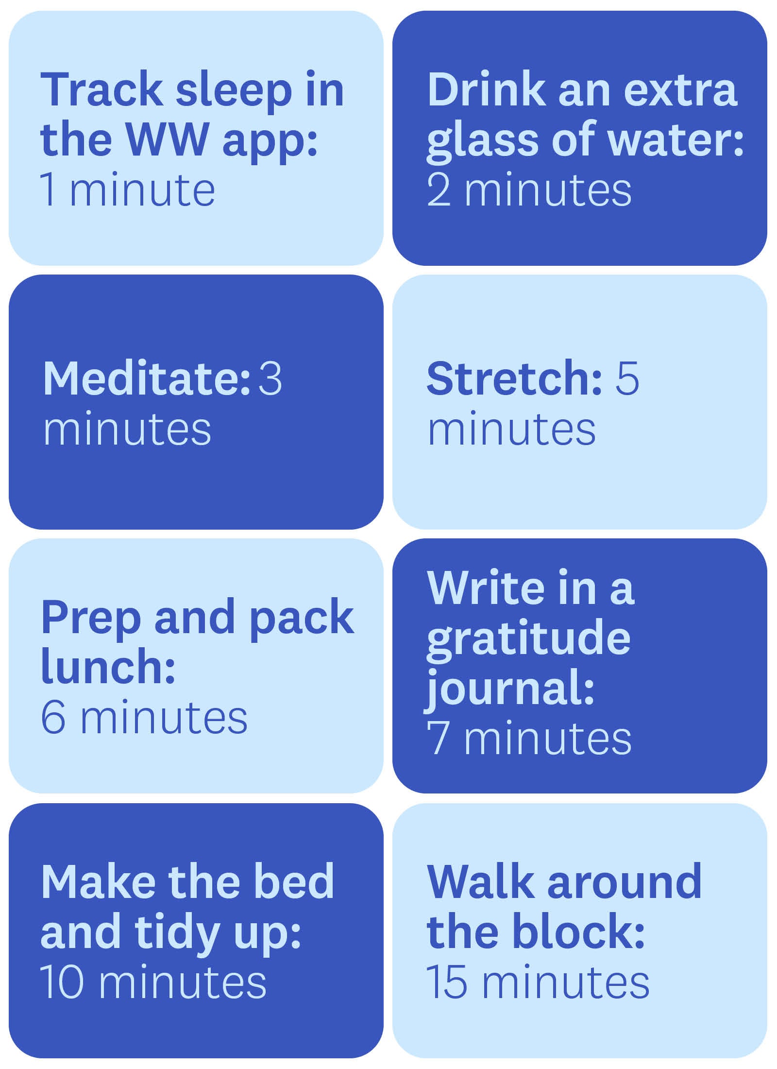 Track sleep in the WW app: 1 minute Drink an extra glass of water: 2 minutes Meditate: 3 minutes Stretch: 5 minutes Prep and pack lunch: 6 minutes Write in a gratitude journal: 7 minutes Make the bed and tidy up: 10 minutes Walk around the block: 15 minutes Track sleep in the WW app: 1 minute Drink an extra glass of water: 2 minutes Meditate: 3 minutes Stretch: 5 minutes Prep and pack lunch: 6 minutes Write in a gratitude journal: 7 minutes Make the bed and tidy up: 10 minutes Walk around the block: 15 minutes