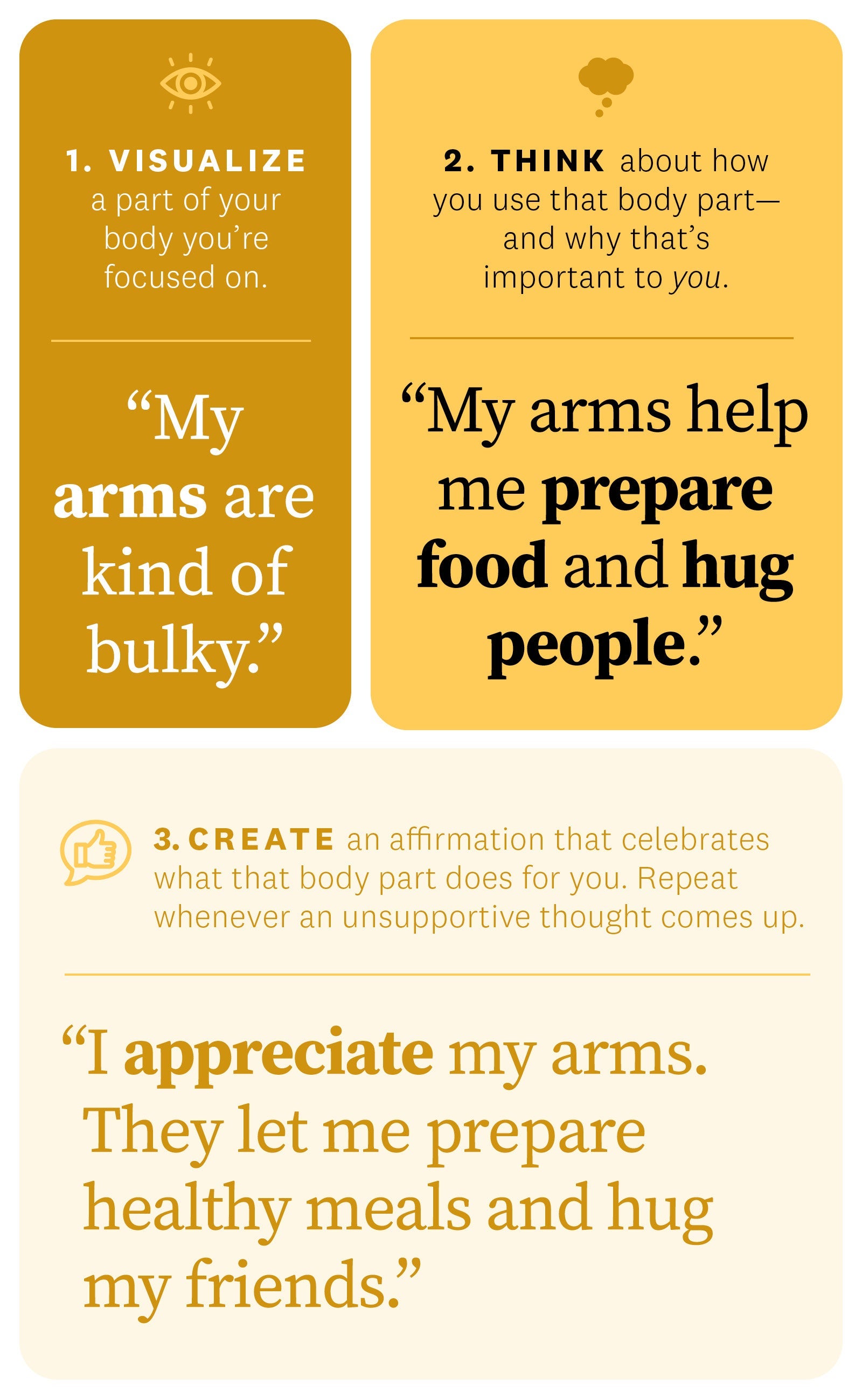 1. Visualize a part of your body you’re focused on. “My arms are kind of bulky.” 2. Think about how you use that body part—and why that’s important to you. “My arms help me prepare food and hug people.” 3. Create an affirmation that celebrates what that body part does for you. Repeat whenever an unsupportive thought comes up. “I appreciate my arms. They let me prepare healthy meals and hug my friends.” 1. Visualize a part of your body you’re focused on. “My arms are kind of bulky.” 2. Think about how you use that body part—and why that’s important to you. “My arms help me prepare food and hug people.” 3. Create an affirmation that celebrates what that body part does for you. Repeat whenever an unsupportive thought comes up. “I appreciate my arms. They let me prepare healthy meals and hug my friends.”
