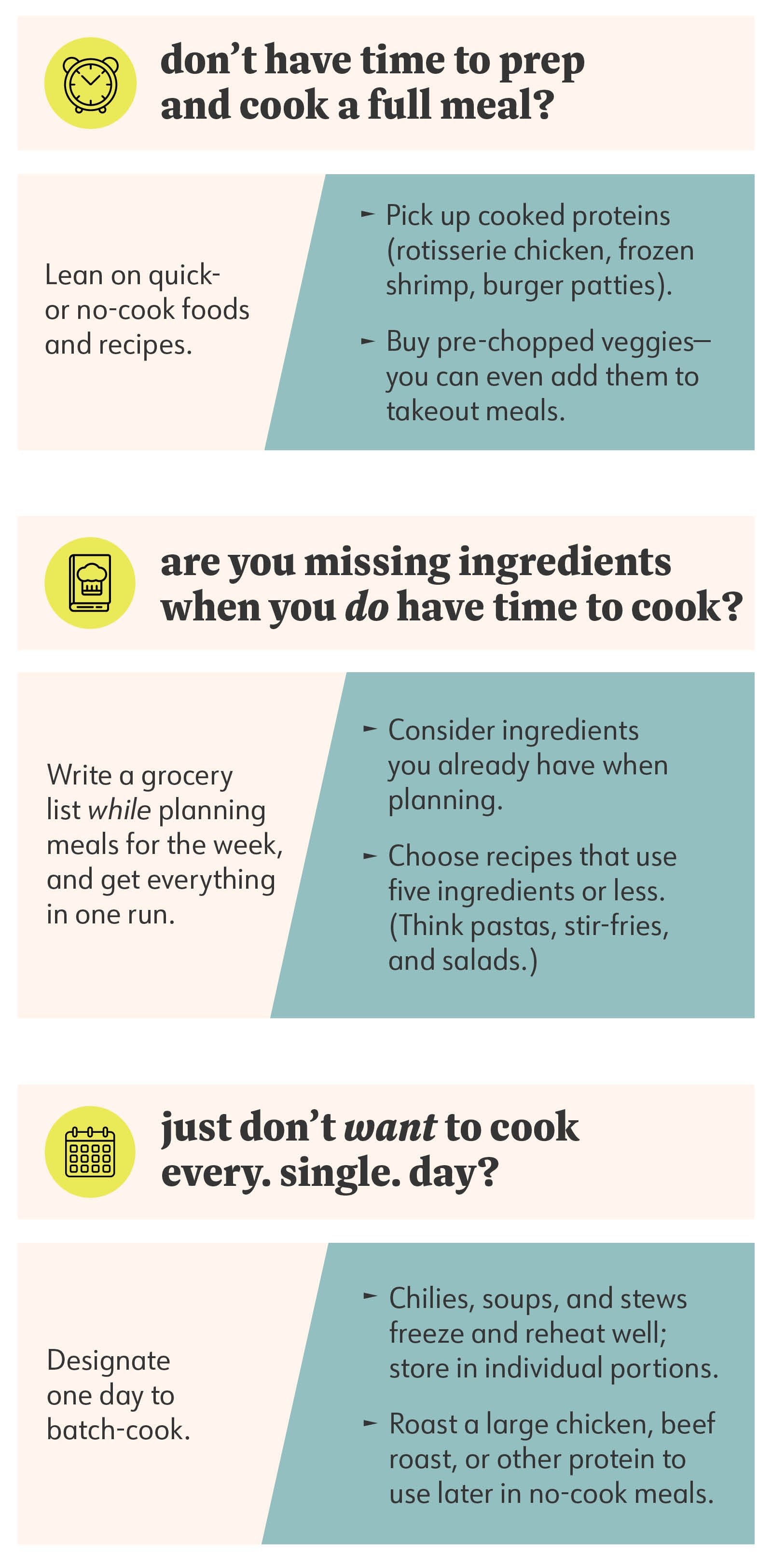 Don’t have time to prep and cook a full meal? Lean on quick- or no-cook foods and recipes. Pick up cooked proteins (rotisserie chicken, frozen shrimp, burger patties). Buy pre-chopped veggies—you can even add them to takeout meals. Are you missing ingredients when you do have time to cook? Write a grocery list while planning meals for the week, and get everything in one run. Consider ingredients you already have when planning. Choose recipes that use five ingredients or less. (Think pastas, stir-fries, and salads.) Just don’t want to cook every. single. day? Designate one day to batch-cook. Chilies, soups, and stews freeze and reheat well; store in individual portions. Roast a large chicken, beef roast, or other protein to use later in no-cook meals. Universal Time-Savers • Tacos, salads, egg dishes, and burgers come together quickly. • Keep your kitchen stocked with ready-to-go ingredients (cooked brown rice, canned beans, frozen veg). • Use tools like the microwave (it cooks frozen fish and veg in a flash), a pressure or slow cooker, and a food processor (it makes chopping and grating a breeze). • In the WW app’s Recipe section, scroll to categories like Freezer-Friendly Foods and Easy Weeknight Dinners. Don’t have time to prep and cook a full meal? Lean on quick- or no-cook foods and recipes. Pick up cooked proteins (rotisserie chicken, frozen shrimp, burger patties). Buy pre-chopped veggies—you can even add them to takeout meals. Are you missing ingredients when you do have time to cook? Write a grocery list while planning meals for the week, and get everything in one run. Consider ingredients you already have when planning. Choose recipes that use five ingredients or less. (Think pastas, stir-fries, and salads.) Just don’t want to cook every. single. day? Designate one day to batch-cook. Chilies, soups, and stews freeze and reheat well; store in individual portions. Roast a large chicken, beef roast, or other protein to use later in no-cook meals. Universal Time-Savers • Tacos, salads, egg dishes, and burgers come together quickly. • Keep your kitchen stocked with ready-to-go ingredients (cooked brown rice, canned beans, frozen veg). • Use tools like the microwave (it cooks frozen fish and veg in a flash), a pressure or slow cooker, and a food processor (it makes chopping and grating a breeze). • In the WW app’s Recipe section, scroll to categories like Freezer-Friendly Foods and Easy Weeknight Dinners.