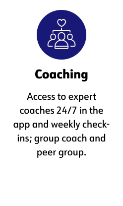 Coaching Access to expert coaches 24/7 in the app and weekly check-ins; group coach and peer group.