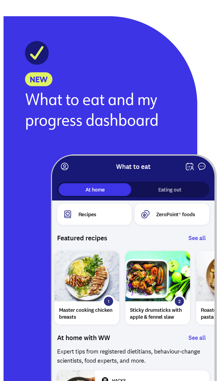 new! what to eat and my progress dashboard