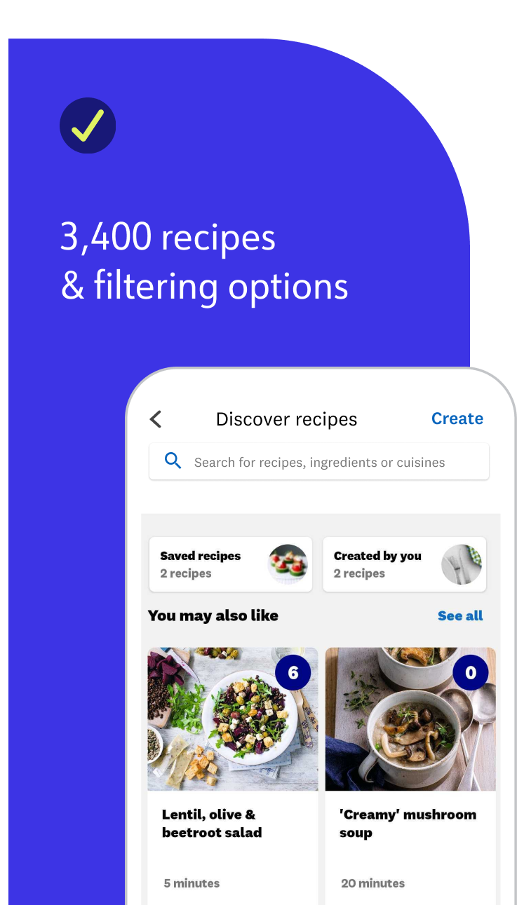 Find in the WW app 3,400 recipes and filtering options.