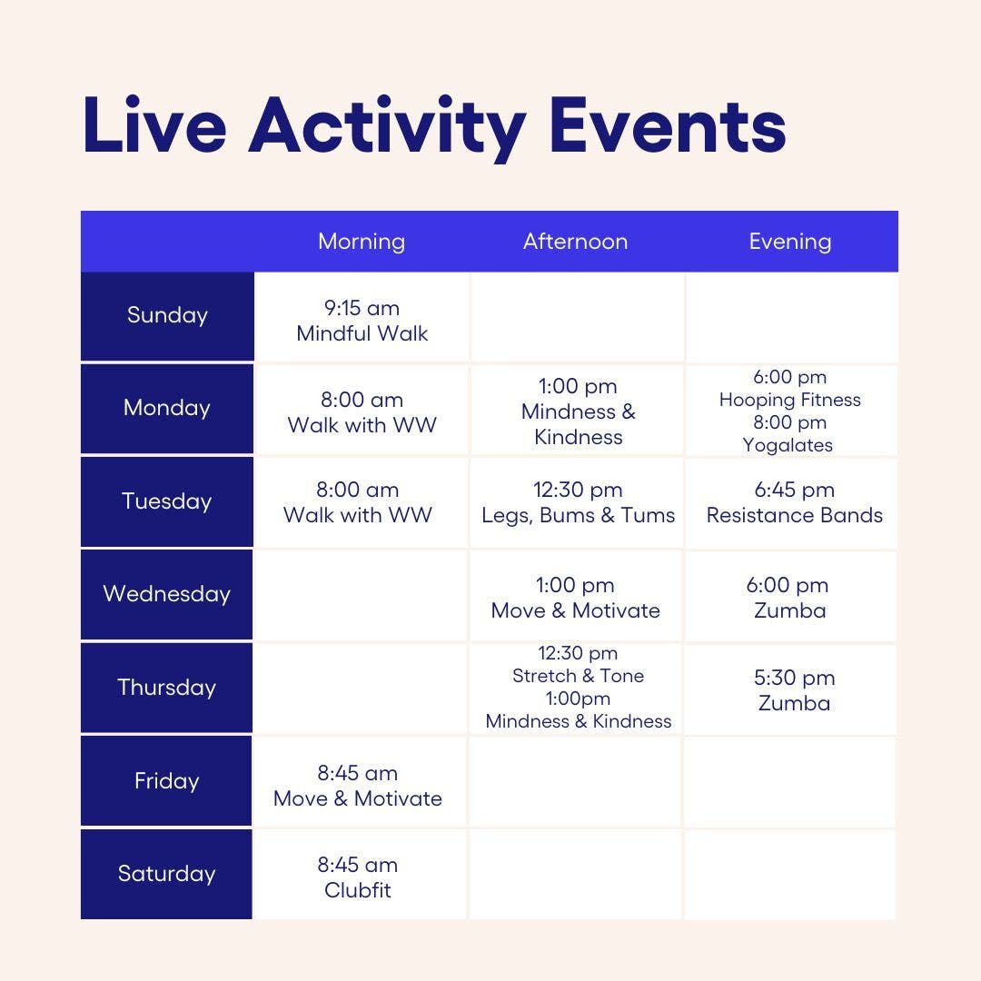 Live Activity Events sessions Sunday morning 9:15 am Mindful Walk, Monday Morning 8:00 am Walk with WW, Monday afternoon 1:00 pm Mindness & Kindness, Monday evening 6:00 pm hooping fitness, 8:00 pm yogalates, Tuesday morning 8:00 am Walk with WW, Tuesday afternoon 12:30 pm  Legs, Bums & Tums, 6:45 pm evening resistance bands, Wednesday afternoon 1:00 pm move and motivate, Wednesday evening 6:00 pm zumba, Thursday afternoon 12:30 pm stretch and tone, 1:00 pm mindness and kindness, Friday morning 8:45 am Move & Motivate, Saturday morning 8:45 am Clubfit.