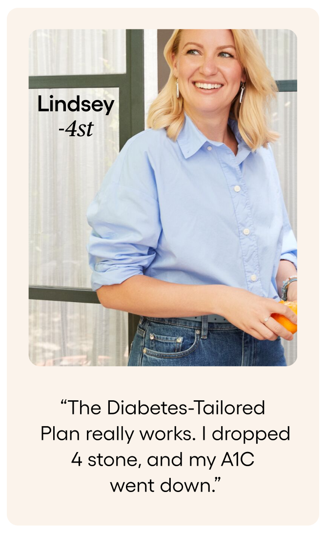 Lindsey said The Diabetes-Tailored Plan really works. I dropped 4 stone, and my A1C went down.