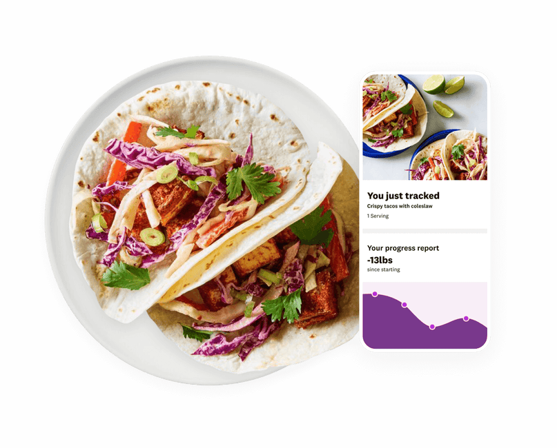 A plate of tacos alongside a preview of the WW app.