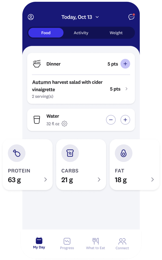 app screen that highlights protein, carbs, and fat