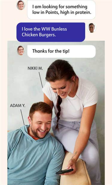 WW members Adam Y. and Nikki M. look at a mobile phone that Nikki is using. Also shown is a chat with a coach in the WW app.