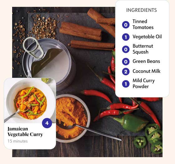Jamaican Vegetable Curry 4 Points. The list of ingredients includes tinned tomatoes at 0 Points and coconut milk at 2 Points.