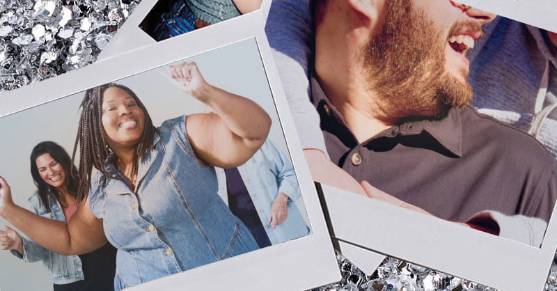 Polaroids of WeightWatchers members having fun on top of a sparkly background
