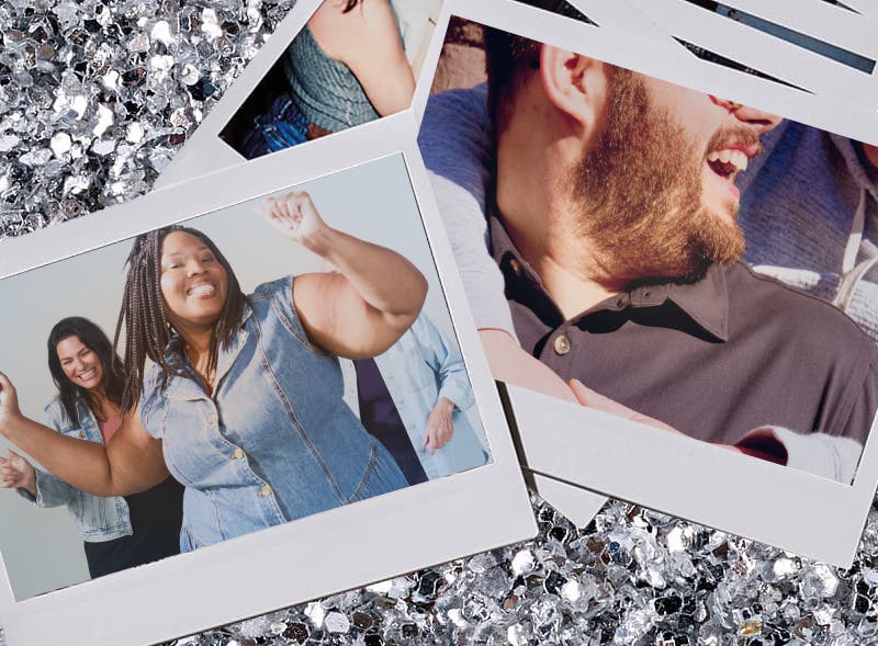 Polaroids of WeightWatchers members having fun on top of a sparkly background