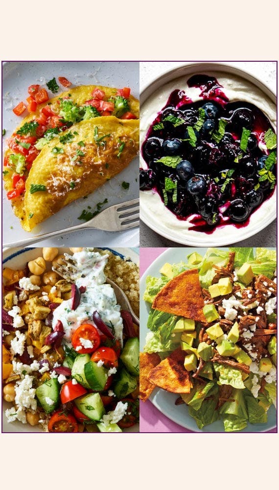 egg and veggie omelet, greek bowl, taco salad, yogurt bowl