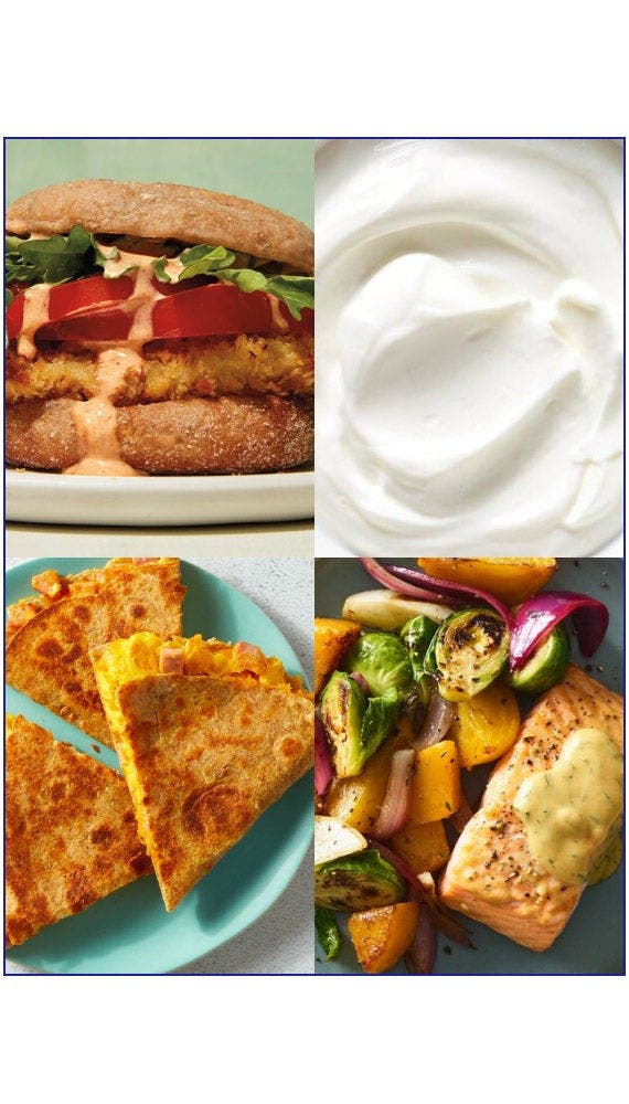 quesadilla, baked chicken, grilled salmon, celery, peanut butter and greek yogurt menu