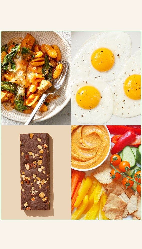 grilled chicken and chicpea pasta, eggs sunny side up, hummus and veggies, protein bar