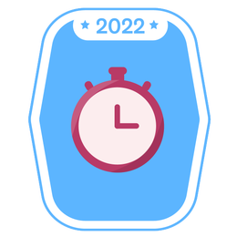 Icon for Ready, Set, Sweat Challenge, red stopwatch on light-blue weight scale–shaped background with 2022 at the top