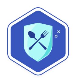 Icon for Weekend Warrior Challenge, light-blue shield with spoon and fork on its front, on a blue hexagon