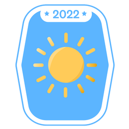 Icon for Rise and Shine Challenge, yellow sun on light-blue weight scale–shaped background with 2022 at the top