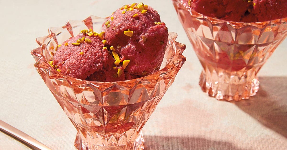 ice cream bowls filled with strawberry sorbet