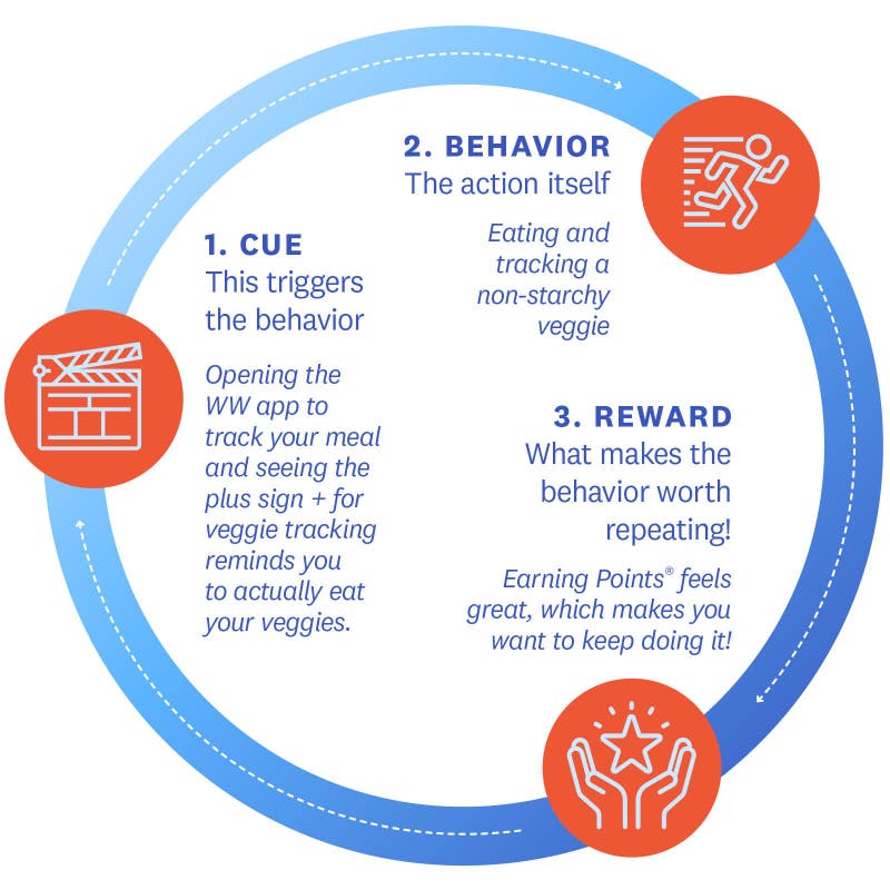 1. Cue: This triggers the behavior Opening the WW app to track your meal and seeing the plus sign + for veggie tracking reminds you to actually eat your veggies. 2. Behavior: The action itself Eating and tracking a non-starchy veggie 3. Reward: What makes the behavior worth repeating! Earning Points® feels great, which makes you want to keep doing it!