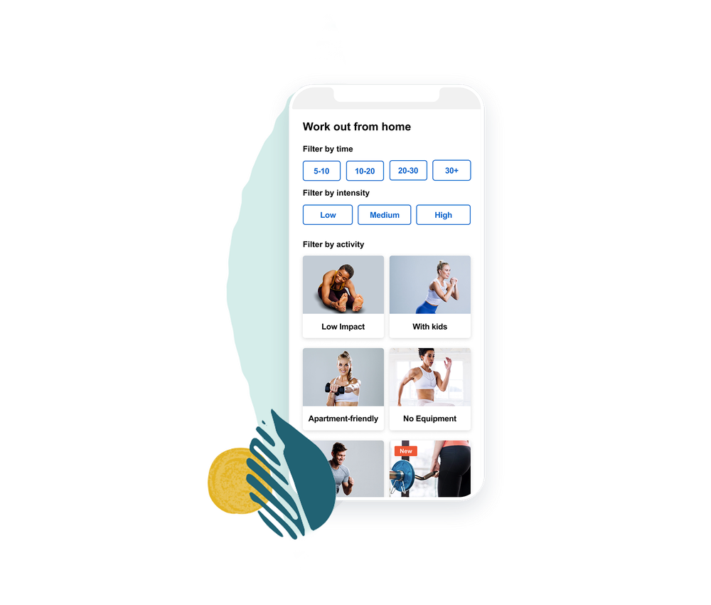 A screen on a smart phone shows a variety of exercise options, including low impact, with a woman stretching on the ground, holding her feet, with kids, with a standing woman leaning forward with her hands clasped, apartment-friendly, with a woman holding a dumbbell toward the camera, no equipment with a woman running. There are also images of a man running and a barbell with a blue weight on the side.