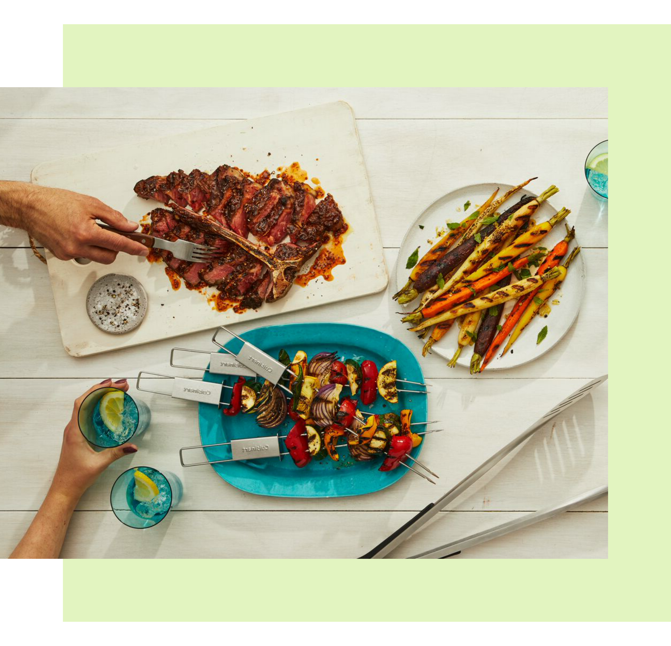 A trio of tasty-looking plates with steak, shish kabob, and grilled carrots.