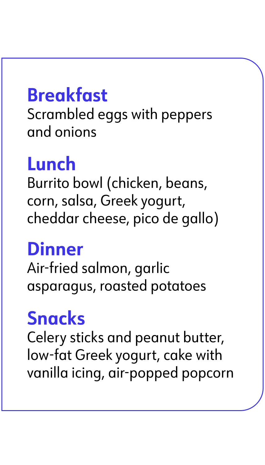 sample breakfast, lunch, dinner and snacks meal menu