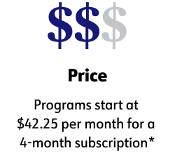 Price, Programs start at $42.25 per month for a 4-month subscription*