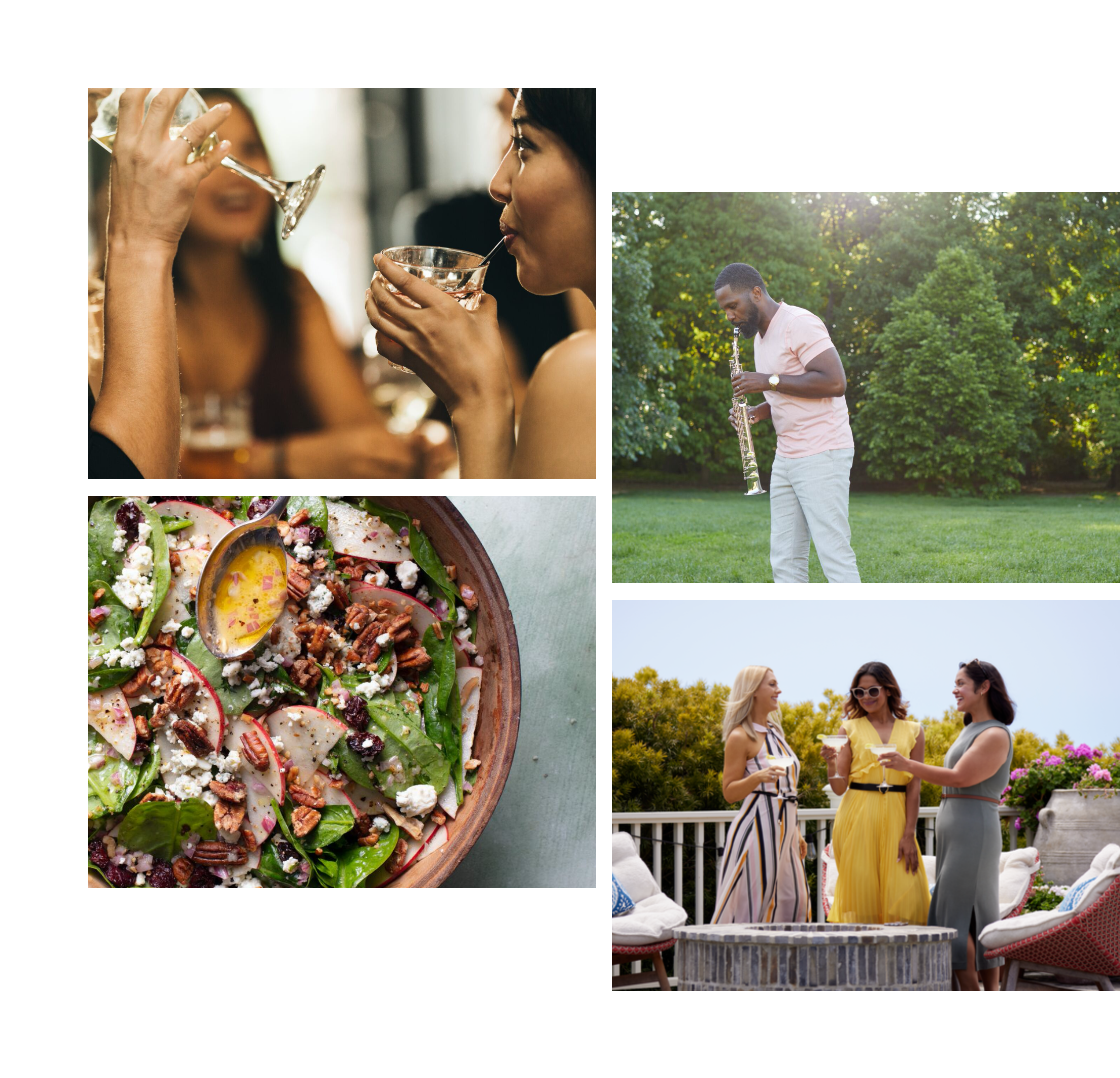 Three friends are enjoying some cocktails. A man is playing the clarinet in a park. A fancy salad with apples slices and pecans. Three friends on a patio prepare to clink glasses in a cheer.