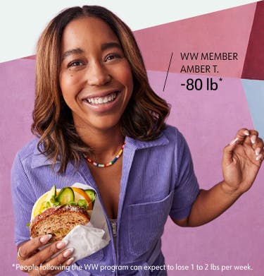 WW member Amber T. eats a sandwich. She has lost 80 pounds. People following the WW program can expect to lose 1 to 2 pounds per week.