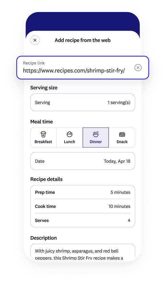 app screen that shows imported recipe from the web