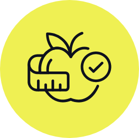 Graphic icon of a checkmark on an apple wrapped by a measuring tape